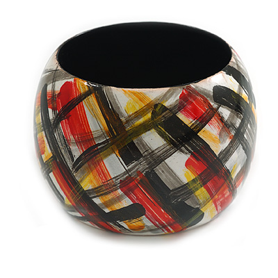 Wide Chunky Wooden Bangle Bracelet with Checked Pattern in Black/Red/Yellow/White - Medium Size