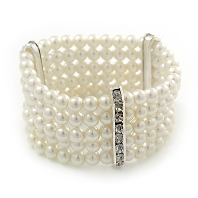 5-Strand Imitation Pearl Crystal Flex Bracelet (Snow White)
