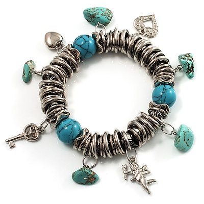 Silver Tone Link Charm Flex Bracelet (Turquoise Stone)
