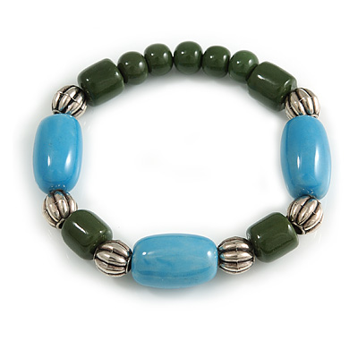 Pale Blue&Olive Green Ceramic Bead Flex Bracelet (Silver Tone)