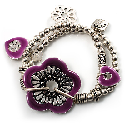 2-Strand Purple Floral Charm Bead Flex Bracelet (Antique Silver) - main view