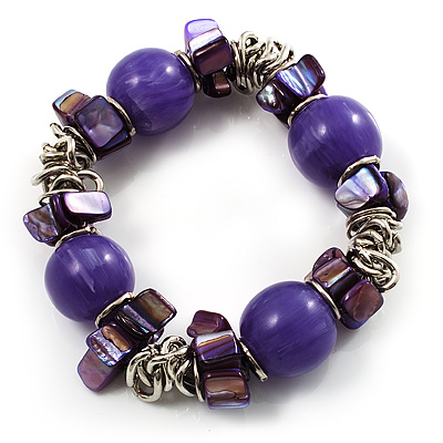 Purple Acrylic Bead, Shell & Metal Link Stretch Bracelet