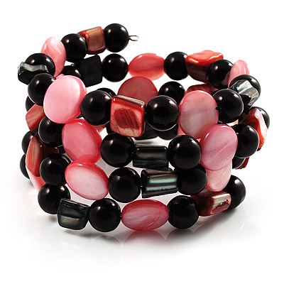 Acrylic & Shell Bead Coil Flex Bangle Bracelet (Black & Pink) - main view