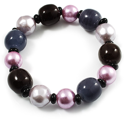 Glass, Ceramic & Plastic Bead Flex Bracelet (Pale Lilac, Pink, Brown & Black) - main view