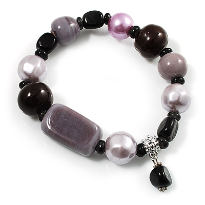 Glass, Ceramic & Plastic Bead Charm Flex Bracelet (Pale Lilac, Pink & Black)