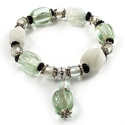Pale Green & Milk White Resin & Glass Charm Flex Bracelet (Silver Tone)