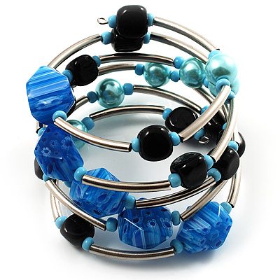 Silver-Tone Glass Bead Coil Bracelet (Black, Aqua & Sky Blue)