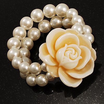 2-Strand White Imitation Pearl Rose Flex Bracelet