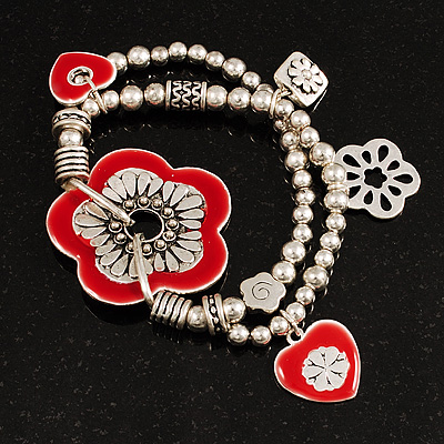 2-Strand Red Floral Charm Bead Flex Bracelet (Antique Silver Tone) - main view