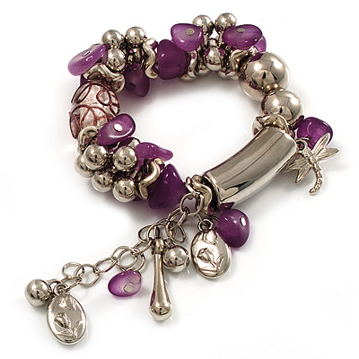 Lilac Glass Bead Charm Flex Bracelet (Silver Tone)