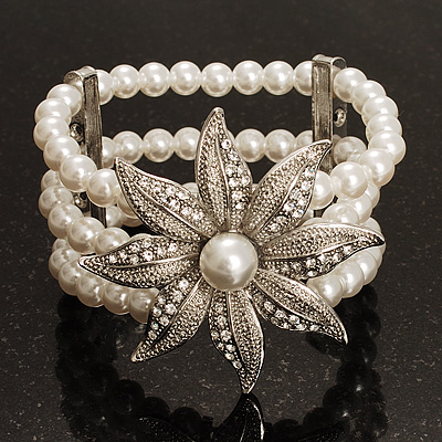 3 Strand Imitation Pearl Floral Flex Bracelet (Silver Tone)