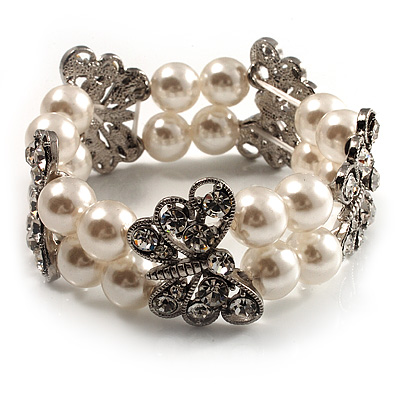 2 Strand Crystal Butterfly Imitation Pearl Flex Bracelet - up to 17cm (for smaller wrists)