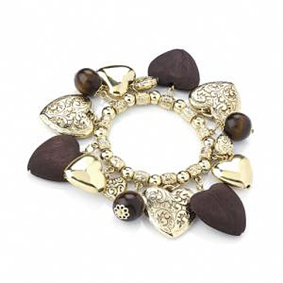 Heart & Bead Gold Tone Stretch Bracelet - up to 18cm Length