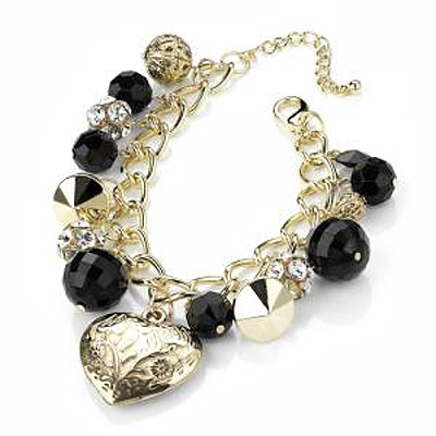Gold Tone Heart, Bead & Crystal Ball Charm Bracelet - 18cm Length