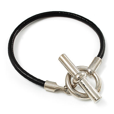 T-Bar Leather Cord Bracelet (Silver Tone)