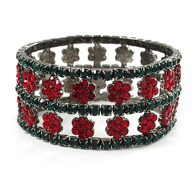 Swarovski Crystal Floral Flex Bracelet (Green & Red)