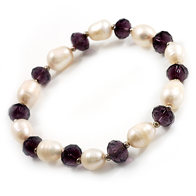 Light Cream Freshwater Pearl & Purple Glass Bead Flex Bracelet -19cm Length