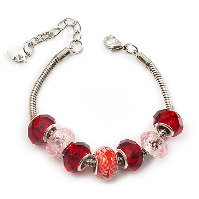 Red & Pink Glass & Acrylic Bead Bracelet (Silver Tone Metal) -17cm Length