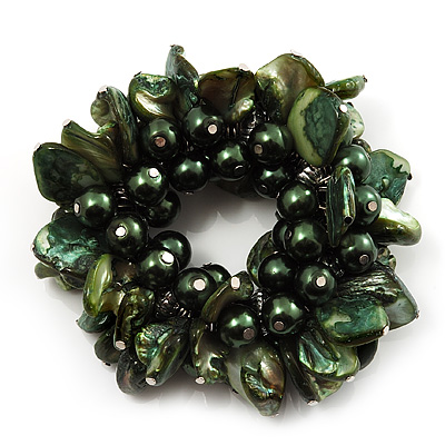 Chunky Forest Green Shell And Bead Flex Bracelet - main view