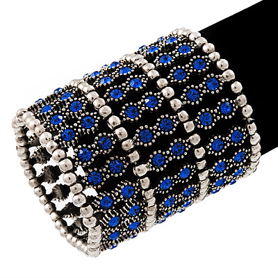 Wide Royal Blue Crystal Flex Bracelet (Silver Tone Finish) - 7cm Width