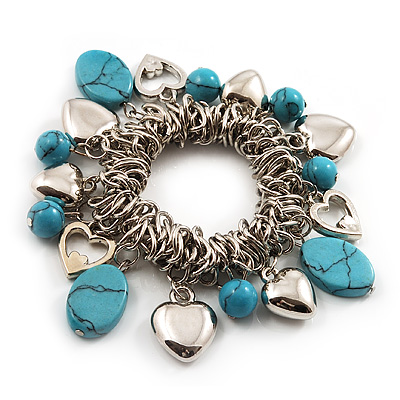 Silver Tone 'Heart' Charm Turquoise Bead Flex Bracelet