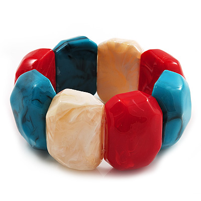 Multicoloured Resin Flex Bracelet (Light Blue, Cream & Red) - 18cm Length