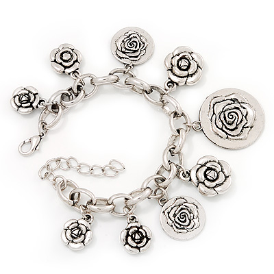 Chunky Oval Link 'Rose' Charm Bracelet In Silver Tone Metal - 18cm Length with 5cm extension - main view