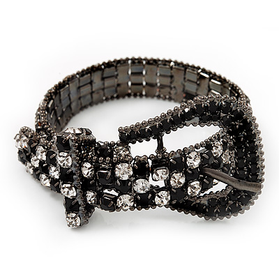 Unique Black & White Diamante 'Buckle' Bracelet In Gun Metal Finish - up to 19cm length