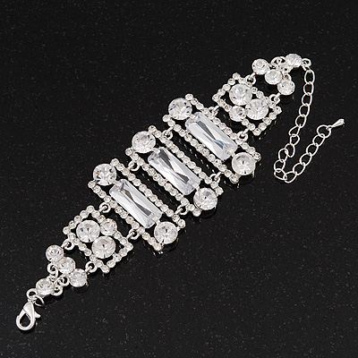 Clear CZ Bridal Bracelet In Rhodium Plated Metal - 14cm Length (7cm Extension) for smaller wrists