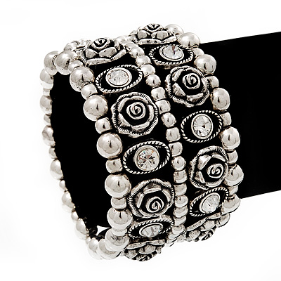 Wide Rose Crystal Flex Bracelet In Antique Silver Metal - Up to 19cm Length