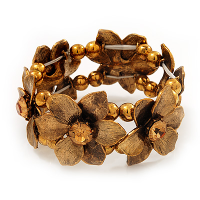 Antique Gold Flower Diamante Flex Bracelet - Up to 19cm length