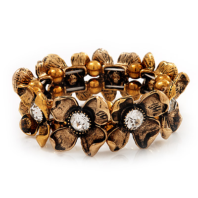 Antique Gold Floral Diamante Flex Bracelet - Up to 19cm length