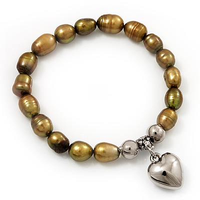 Brass Coloured Freshwater Pearl Silver Metal 'Heart' Flex Bracelet (Up To 19cm Length) - main view