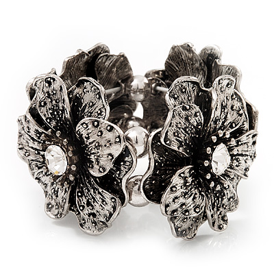 4 Large Diamante Flower Flex Bracelet In Antique Silver Metal - up to 18cm Length