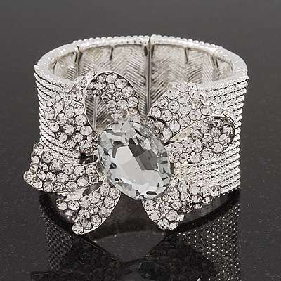 Diamante 'Bow' Flex Bracelet In Rhodium Plated Metal - up to 19cm Length