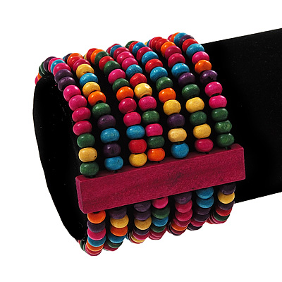Multicoloured Multistrand Wood Bead Bracelet - up to 19cm wrist