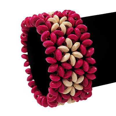 Fuchsia Floral Wood Bead Bracelet - up to 19cm wrist