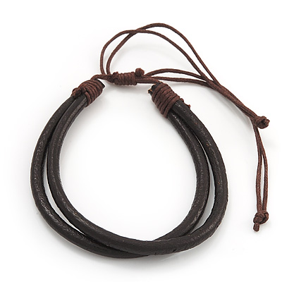 Unisex 2 Strand Dark Brown Leather Bracelet - Adjustable - main view
