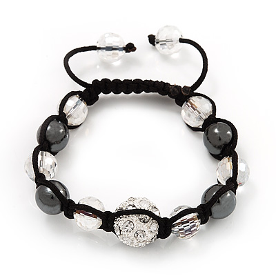 Smooth Round Hematite, Transparent & Clear Crystal Balls Bracelet - Adjustable - main view
