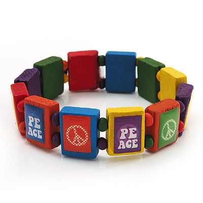 Multicoloured Wood 'Peace' Stretch Bracelet - up to 20cm length - main view