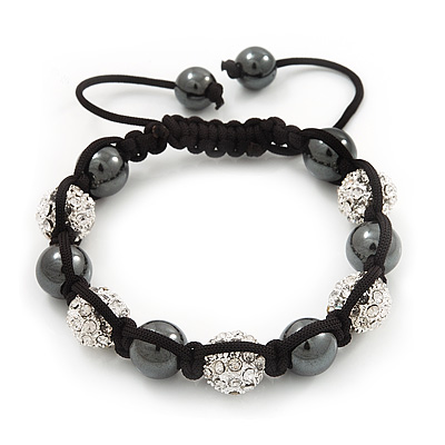 Unisex Bracelet Clear Crystal&Hematite Beads 10mm - Adjustable