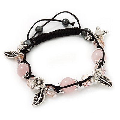 Burn Silver Floral Pink Glass Beaded Bracelet - Adjustable