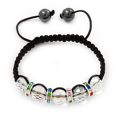 Transparent Crystal Beaded & Multicoloured Crystal Rings Bracelet - Adjustable - 11mm Diameter