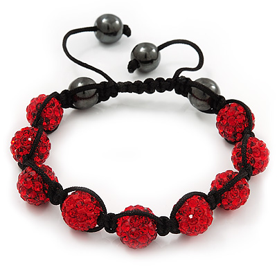 Unisex Ruby Red Coloured Swarovski Crystal Balls & Smooth Round Hematite Beads Buddhist Bracelet - 12mm - Adjustable - main view