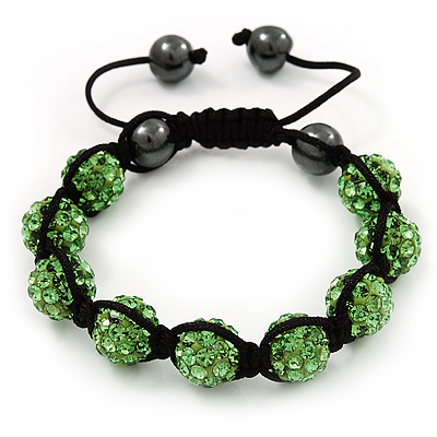 Unisex Grass Green Swarovski Crystal Balls & Smooth Round Hematite Beads Buddhist Bracelet - 12mm - Adjustable
