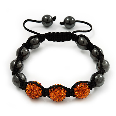 Hematite & Orange Crystal Beaded Bracelet - Adjustable - 11mm Diameter - main view