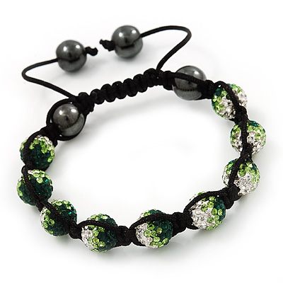 Emerald Green/Grass Green/Clear Swarovski Crystal & Hematite Beaded Buddhist Bracelet - Adjustable - 10mm Diameter