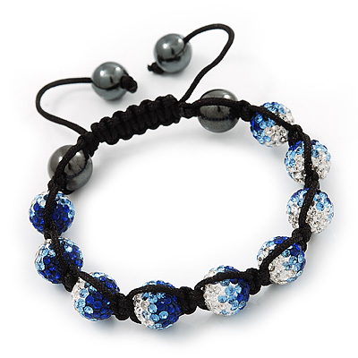 Royal Blue/Sky Blue/Clear Swarovski Crystal & Hematite Beaded Buddhist Bracelet - Adjustable - 10mm Diameter
