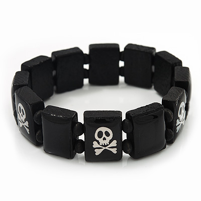 Black/White Wood Flex 'Skull & Crossbones' Bracelet - up to 20cm Length