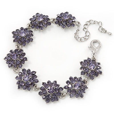 Lavender Swarovski Crystal Floral Bracelet In Rhodium Plated Metal - 16cm Length (with 5cm extension)